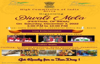 Celebrations of Diwali Mela - Saturday, 3 December 2022 from 4.00 pm to 10.00 pm at India House, No. 1 Jawaharlal Nehru Road, Accra.